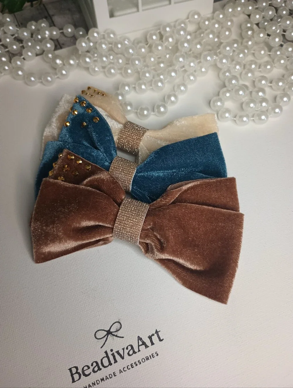 Handmade Velvet Bow Set -  Hair Bows With Rhinestone Details/ Set Of 3🎀✨
